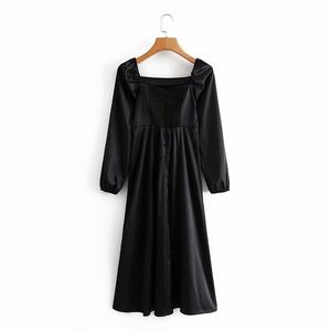 Elegant Women Black Satin Dresses Fashion Ladies Square Collar Vestidos Streetwear Female Chic Slit Side Dress 210527