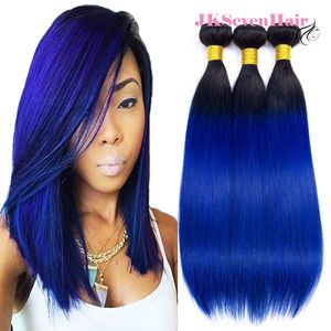Ombre B Blue Brazilian Virgin人間の髪の毛延長3バンドルシルキーストレートダークルート2トーンカラーマレーシアのペルーのインドの織りweavt