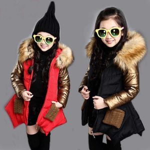 冬の服子供の大きな女の子のコートプラスサイズダウンコットンフード付きジャケットパッチワーク厚い暖かい防風のアウターウォーズキッズ110-170 210713