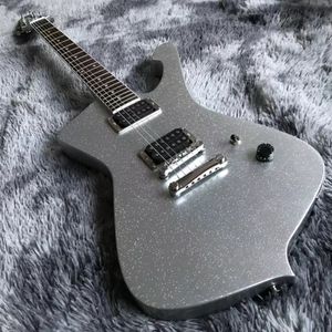 2021 NEUE Custom-E-Gitarre im Grand Iban-Stil, schwarze Halsstababdeckung, silberfarbenes Glitzer-Finish