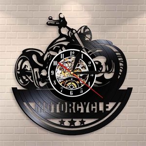 Американский классический мотоцикл искусства гараж знак мотоцикле винтаж виниловая запись настенные часы человек пещерный декор байкеров подарок 210310