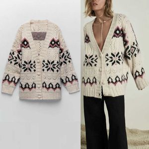 ZA Vintage Zopfmuster Jacquard Cardigan Frauen Langarm Full Fit Pullover Weiblich Chic Gefüttert Knopf Gestrickt Plus Size Top 210602