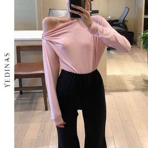 Yedinas Casual Eine Schulter Frauen Top Rosa Langarm T-shirt Weibliche Tops Sexy Symmetrische Schlank Solide Damen Shirts Modal 210527