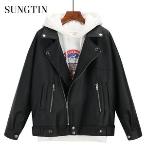 Sungtin Morbido allentato Giacca in ecopelle Donna Nero Biker Cappotto da motociclista Autunno Inverno PU Corto Streetwear Punk Stile fidanzato 220112