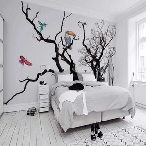 Wallpapers Milofi Custom Po Wallpaper Mural Nordic Black And White Artistic Conception Big Tree Flying Bird Parrot Background Wall
