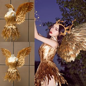 Adults Sexy Gold Dress Feather Angel wings Bar Show Costume Children Cute Fairy Wings Dress Nice Photography Props