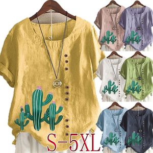 Women's T-Shirt Casual Cactus Printed Linen Tops Round Neck Short Sleeved Plus Size Loose Graphic Blouse