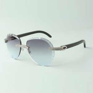 Óculos de sol clássicos requintados com diamante de fileira dupla 3524027, óculos com hastes de chifre de búfalo preto puro natural, tamanho: 18-140 mm