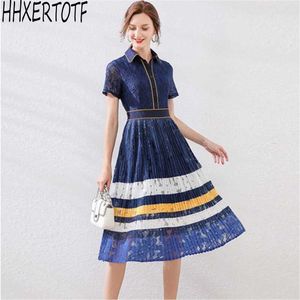 High Quality Summer Women Lace Dress Fashion turn down Collar Patchwork Striped Female Hollow Out 210531