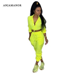 Anjamanor Neon Amarillo Chándal de moda Mujeres Conjunto de dos piezas Top y Pantalones Conjuntos de juego Pink Traje Spring Sweat Suits D64-AF27 X0612