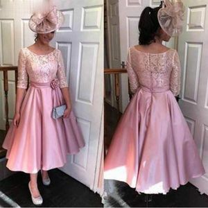 Vintage Pink Evening Dresses with 1/2 Half Sleeves Lace Satin A Line Tea Length Satin Handmade Flowers Prom Party Gown Formal Wear vestido