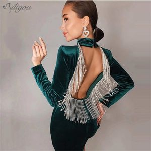 Lato Damska Aksamitna Green Dress Open Back Sexy Tassel High Neck Tight Mini Celebrity Party Vestidos 210525