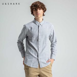 Ushark Gray Plaid Shirts för män Vintage Flannel Rymdskjorta Långärmad Knappen-Down Collar Man Bomull Kläder Business 210603