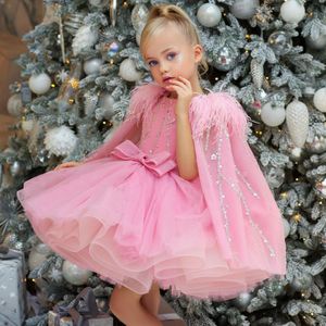 O Neckrosa blomma flicka klänningar med wrap päls paljetter tulle pageant klänningar med båge sash tjej födelsedagsfest klänning