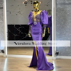 Vestidos de noite roxo para mulheres vestido de baile africano grânulos de cristal mangas compridas festa de convidado formal personalizado