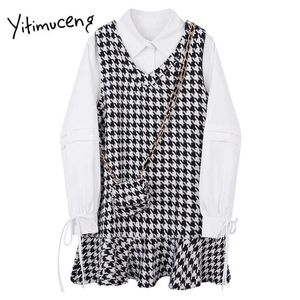 Yitimuceng Patchwork Fake 2 Pieces Dresses for Women A-Line Spring Peter Pan Collar Long Sleeve High Wais Preppy Style 210601