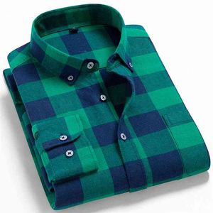 Men's Fashion 100% Cotton Brushed Flannel Striped Shirts Single Pocket Long Sleeve Youthful Soft Casual Plaid Checkered Shirt 210809