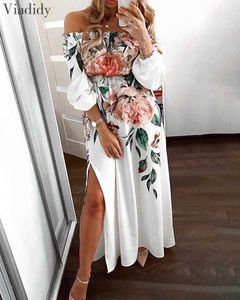 Kobiety Floral Print Off Shoulder Wiązany Talia Maxi Dress Elegant Długim Rękaw Slash Neck Side High Slit Siffon Y0823