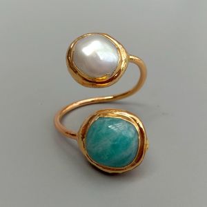 YYGEM Natural Amazonite Cultured White Freshwater Pearl Pave Gold plated Ring Adjustable