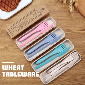 Serveringar uppsättningar 3pcs / set Portable Travel Bestick Box Wheat Halm Knivgaffel Sked med Case Studentredskap för barn