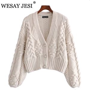 WESAY JESI Women's Sweater Za Cardigans For Women Knitted Thick Loose Lantern Sleeve Pearl Button Short Sweet Lazy Style 211218