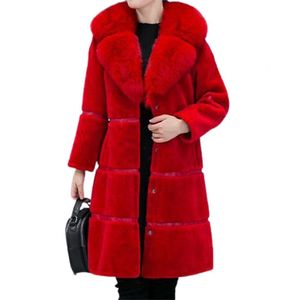 Faux Fur Coat Women Long Sleeve Warm Thick Autumn Winter Plush Turn Down Collar Office Lady Overcoat for Black 5XL 211220