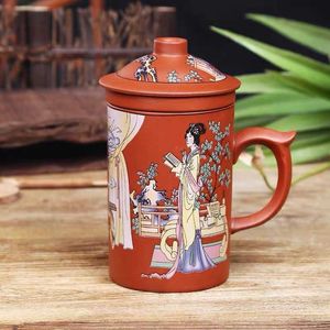 Handmade Yixing Hand Painted Dragon Beauty Purple Clay Tea Mug with Lid and Infuser Office Teacup Ceramic Water Mug Drinkware 210611
