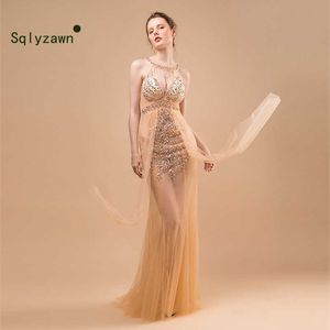 Fairy Mesh Crystal Beading See Through Women Train Dress Evening Party Perspective Luxurious Dress Birthday Celebrate Dress Robe 210709