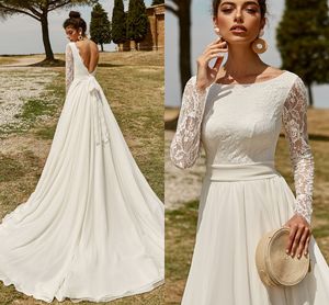 Boho vestido de noiva 2021 novas mangas compridas laço vestido de noiva colher pescoço sem encosto uma linha chiffon praia praia vestidos robe de mariage