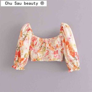 Chu Sau Beauty Women Sommarskjorta Topp Casual Holiday Square Collar Puff Sleeve Floral Short Cropped Navel Crop Tops Womam Blouse 210719