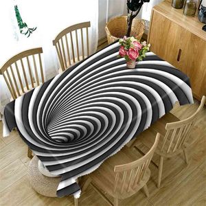 Polyester Cotton 3D Tablecloth Black white stripes Pattern Dustproof Dining table cloth Wedding Decoration Table Cover 210626
