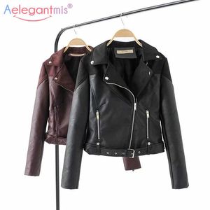 Aelegantmis Women Autumn Winter Black Soft Faux Leather Jacket Short Pu Ladies Casual Biker Motocycle Coat 210607