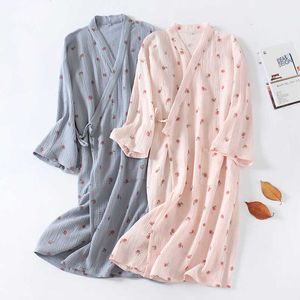 Japanska kimono klädnader för kvinnor 100% bomullsgasbadkarbrock sommar tunn sovkläder långärmad nattklänning plus storlek morgonrock 210924