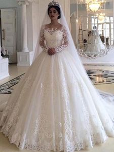 2022ドバイレース花嫁のアップリケのためのラインのウェディングドレス長袖のウェディングガウンアイボリーホワイトチュールブライダルドレス床の長さのカスタムメイドのプラスサイズローブ