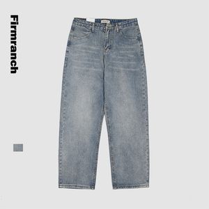 Firmranch Bahar / Sonbahar 90s Vintage Düz Erkekler Gevşek Geniş Bacak Açık Mavi Yıkama Suyu Eski Kot Erkek Uzun Pantolon Yapmak için