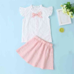 Verão Terno Sólido Cor Superior + Saia 2 Pcs Crianças Roupas Meninas Bowknot Roupas Infantil Girl Sets para 210528