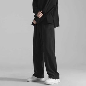 Privatinker coreano verão seda sensação em linha reta longa calças homens fina luz de pé selvagem calças de perna sólida roupas masculinas 210616