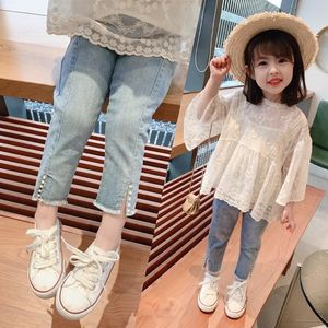 Jeans Barn Loose Fashion Girls 2021 Vår och Sommar Tunn Sektion Casual Slit Pearl Smoke Tube Pants Kvinna Baby Byxor