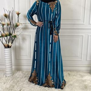 Casual Jurken Winter Dames Maxi Losse Fluwelen Floral Print Lange Mouwen Gestreepte Moslim Abaya Turkije Islamitische Modest Gown Plus Size XL
