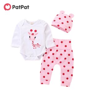 Summer and Spring 3-piece Cute Giraffe Print Romper Polka Dot Pants Hat Sets for Baby Girl 210528