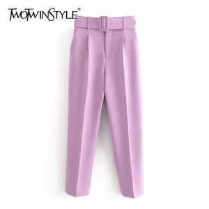Twotwinstyle Casual Solid Color Spodnie Dla Kobiet Wysoka Talia Pas Prosta Długa Kobieta Wiosna Damska Odzież 210925