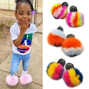 Baby Fur Slides Kids Real Fox Fur Slippers Plush Fluffy Children Fur Flip Flops Fashion Baby Girl Heel Strap Toddler Shoes
