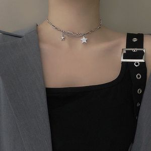 925 Silver Retro New Fashion Zircon Double Five-pointed Star Chain Necklace Female Short Clavicle Chain Wild Necklace Q0531