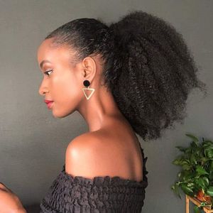 Gerçek Remy Insan Saç Uzantıları Klip Afro Kinky Kıvırcık İpli At Kuyruğu 4B 4C 100% Doğal Siyah Renk Hairextension 140g