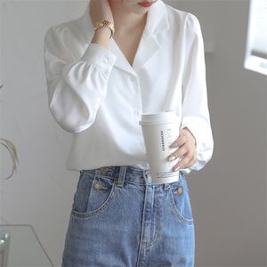 Blusa Branca Mulheres Sprufa Sleeve Single-Breasted Shirts Feminino Plus Size Surger Elegante Escritório Roupas 210601