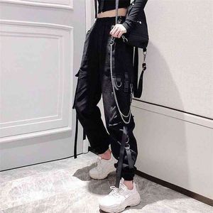 Mulheres elásticas cintura solta cargas calças hip hop streetwear preto casual punk harem com bolsos 210915