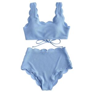 Women Scalloped Textured High Waist Bikini Set Solid Two Pieces Push Up Beach Bathing Suits Swimwear Lace Biquinis 210621