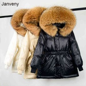 Janveny Vinter Kvinna Parkas 90% Vit Duck Down Jacket Stor Real Raccoon Fur Collar Hooded Warm Women's Feather Coat Outwear 211130