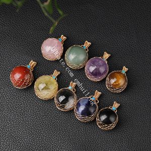 Natursten Sphere Hängsmycke Handgjorda Woven Wire Wrapped Netted Quartz Crystal Gemstone Round Ball Pendants Amethyst Red Jasper Sodalite Rose Quartz Obisidan