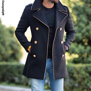 Mäns Ullblandningar Lapel Tench Coat Long Jackor Höst Vinter Sleeve Knapp Retro Men Kläder 2021 Casual Ytterkläder